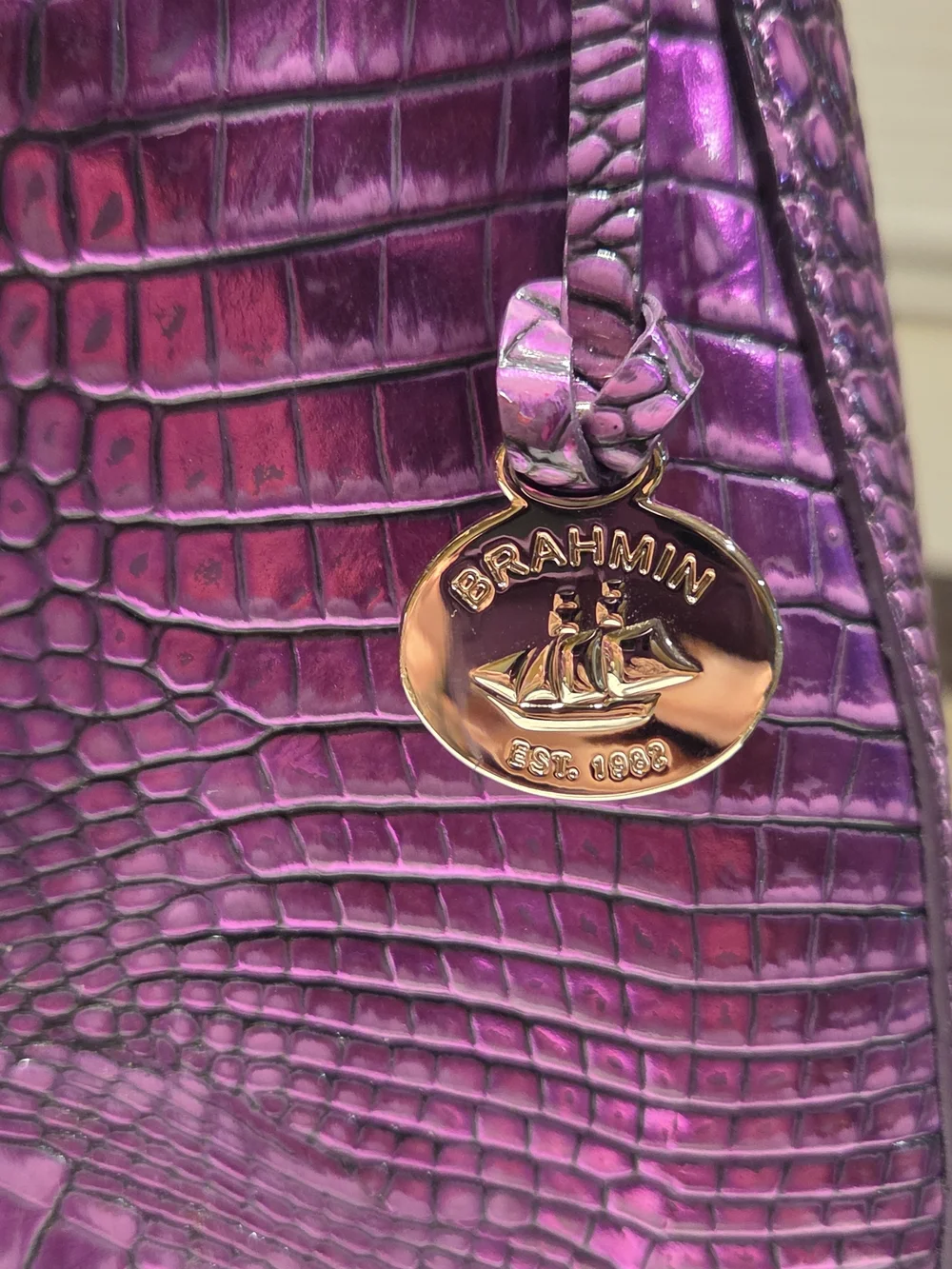 Brahmin Purple Croc-Embossed Large Hobo Bag With Credit Card Holder With Zipper